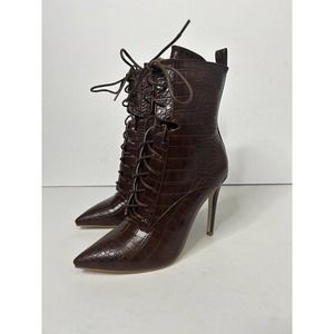 Azalea Wang Astoria Lace-up Zip Booties Size 7 Brown Crocodile Print Heel New